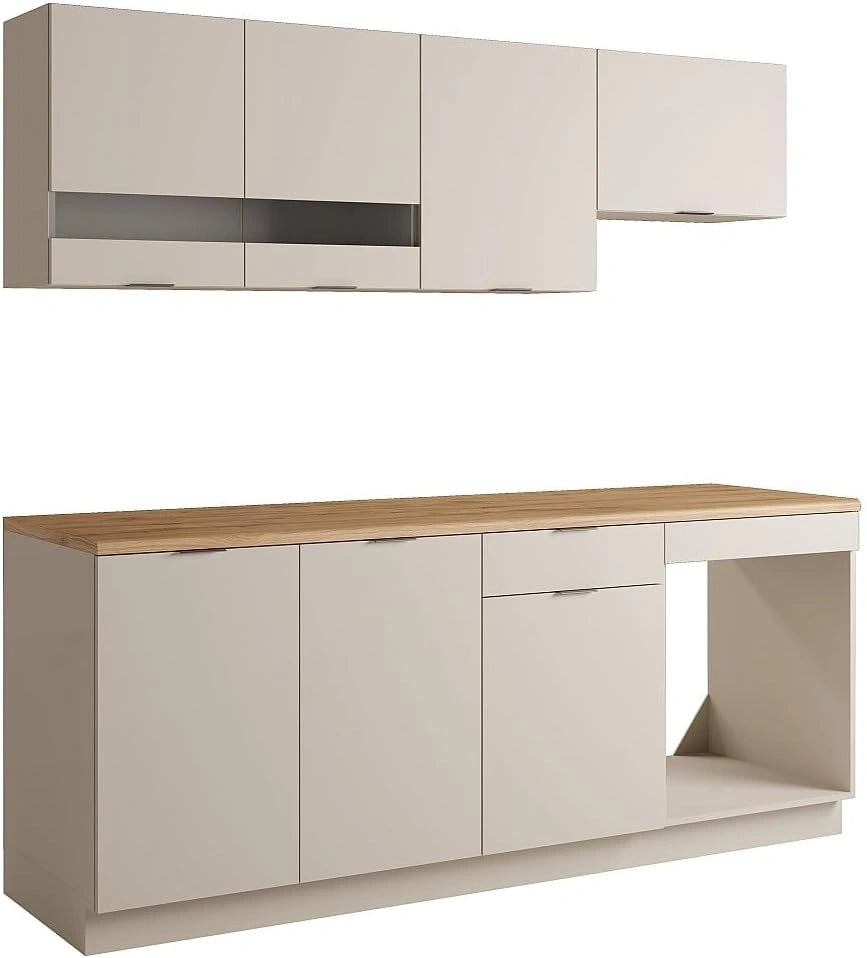 Ensemble de Cuisine Compl¨¨te avec Plan de Travail 200 cm - Beige et Naturel - Mod¨¨le CARMEO