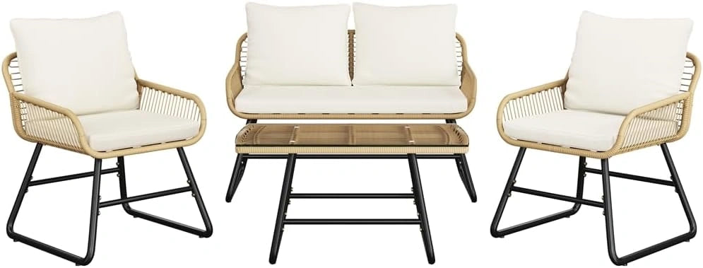 Ensemble de Salon de Jardin Boh¨¨me 4 Pi¨¨ces avec Canap¨¦, Fauteuils et Table en Verre - Terrasse et Balcon