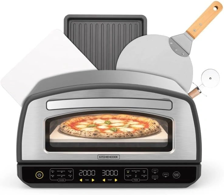 Kitchencook - Four ¨¤ Pizza 2000W - Temp¨¦rature Max 450¡ãC - 12 Fonctions - Inclus Plaque ¨¦maill¨¦e, Pelle et Coupe-Pizza Inox