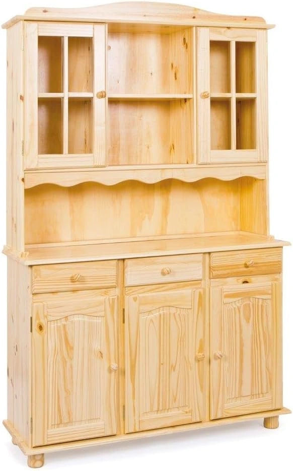 Buffet Vaisselier en Pin Massif avec Vitrines - 3 Portes - Style Rustique - Grande Capacit¨¦ de Rangement - Vernis Naturel