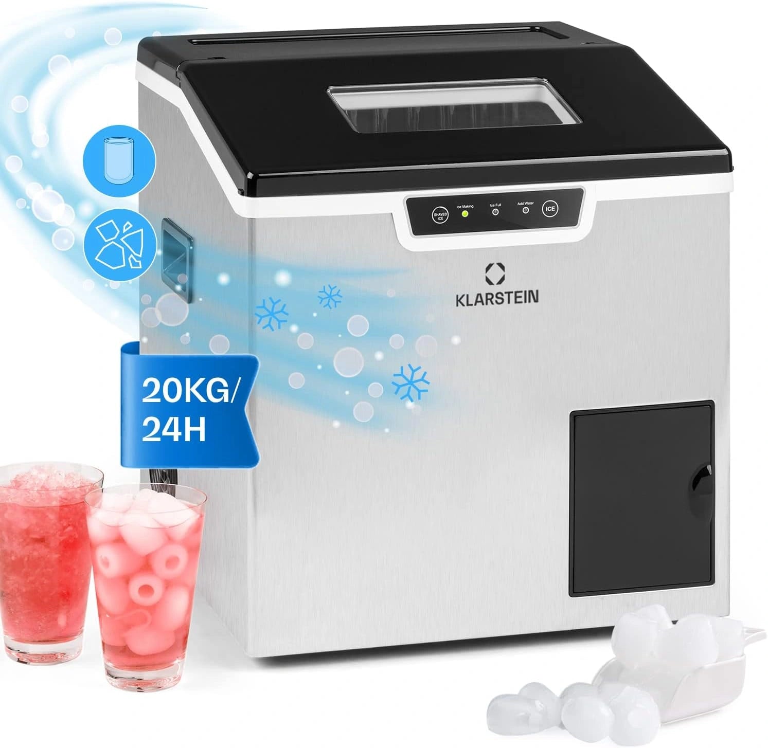 Klarstein Machine ¨¤ Glace 3L, Production 20kg/jour, Gla?ons Concass¨¦s ou Boules, Ice Maker Auto-nettoyant avec Alarme