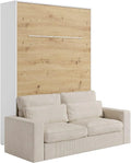 Lit escamotable 160x200 cm vertical manuel avec LEDs - Blanc et Bois Naturel - Canap¨¦ Velours Beige