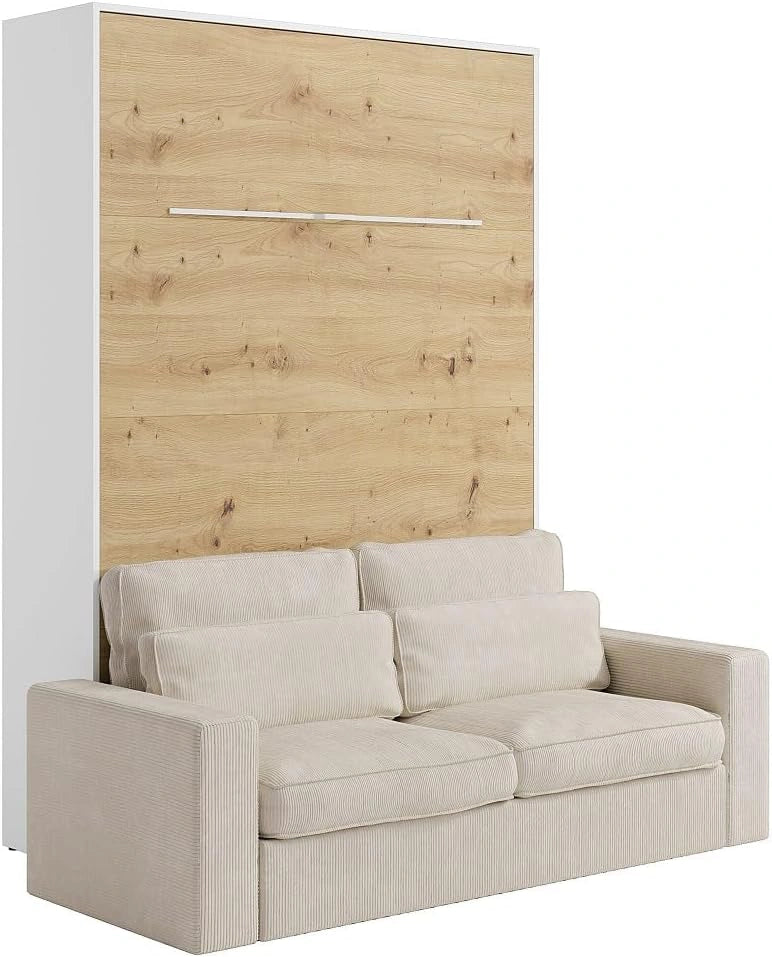 Lit escamotable 160x200 cm vertical manuel avec LEDs - Blanc et Bois Naturel - Canap¨¦ Velours Beige