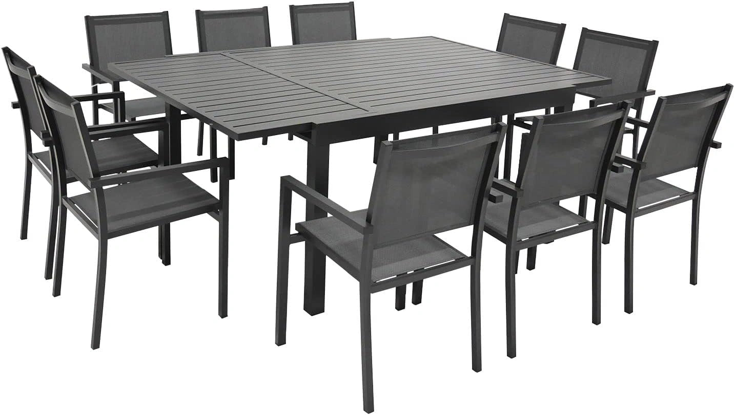 Salon de Jardin Extensible 10 Places en Aluminium Anthracite et Textil¨¨ne Gris - Mod¨¨le Venezia