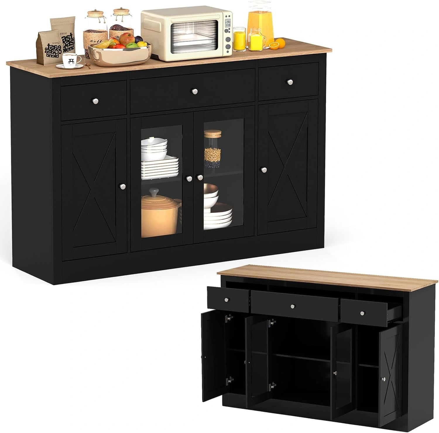 Buffet de Cuisine Noir avec ¨¦tag¨¨res R¨¦glables et Tiroirs, 2 Portes, Anti-Basculement, 140x40x90 cm