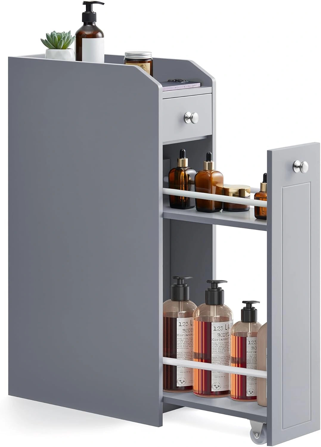 VASAGLE Armoire de Toilette Compacte avec Rangement Int¨¦gr¨¦, ¨¦l¨¦gant Placard de Salle de Bains, Tiroir et Espace pour Papier Toilette, Design Moderne, Gris
