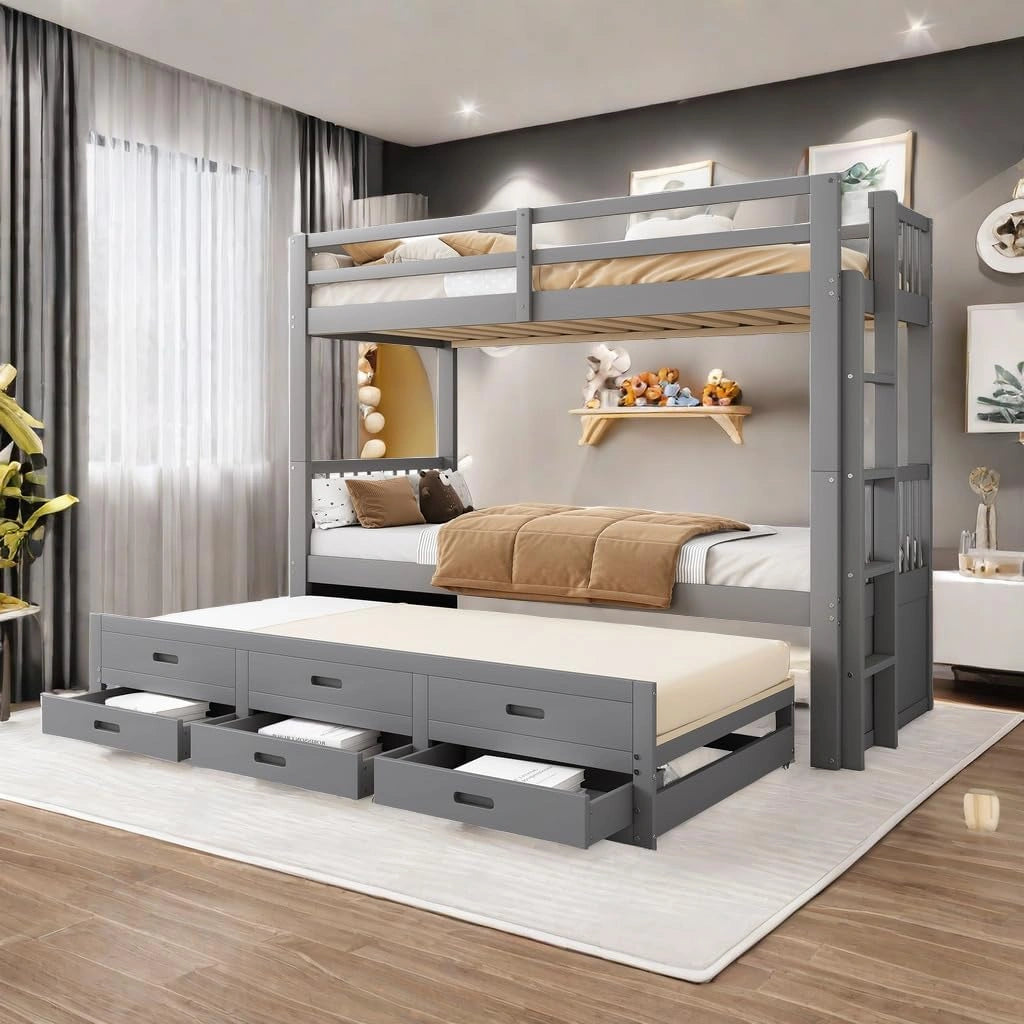 Lit Superpos¨¦ Extensible 90x200 pour Enfants - S¨¦curit¨¦ Antichute, ¨¦chelle et 3 Tiroirs, Gris