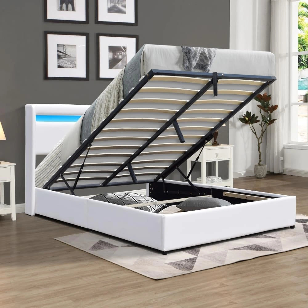 Lit Coffre Gris avec LED et T¨ºte de Lit - 140x190 cm - Facile ¨¤ Monter et Entretenir
