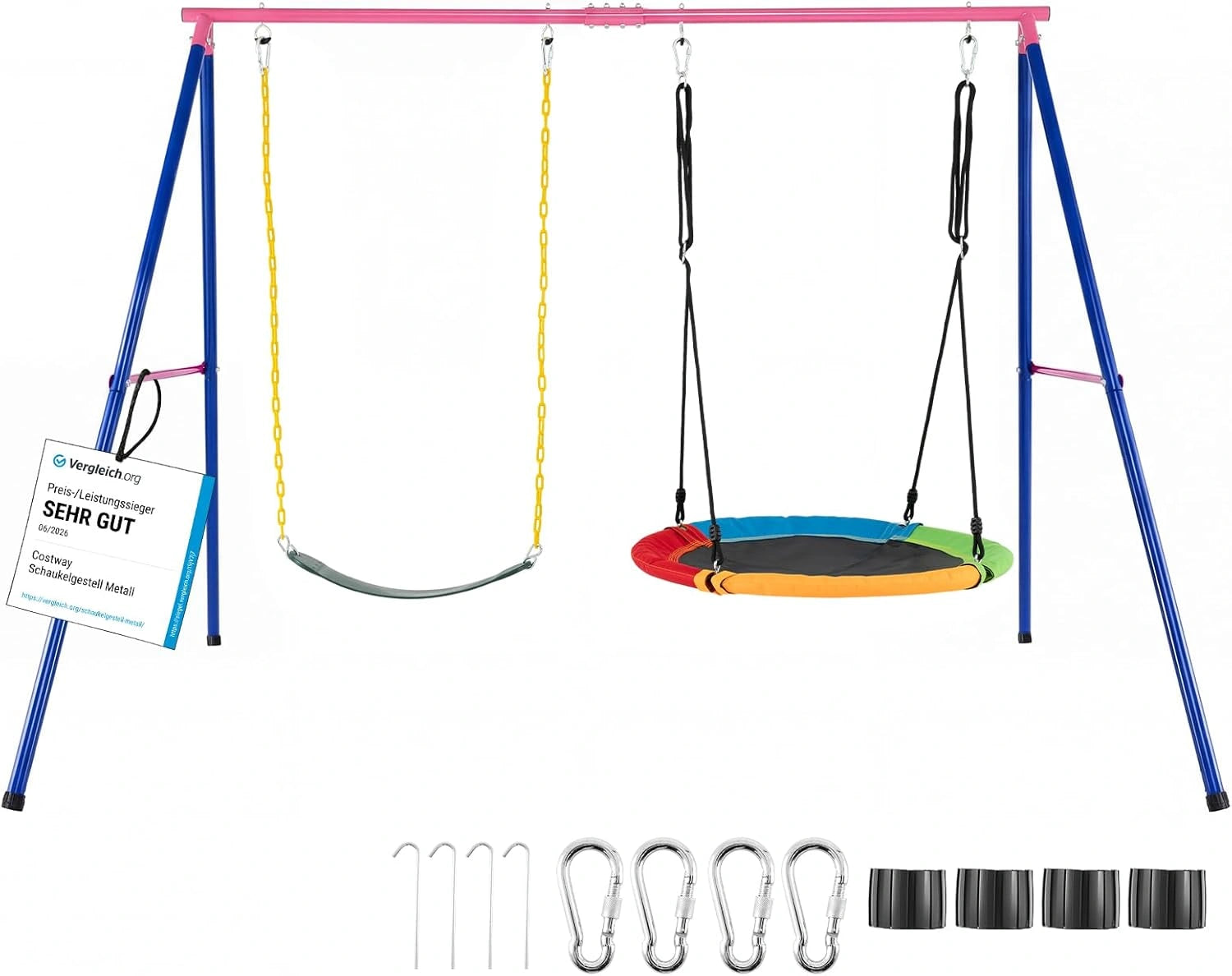 COSTWAY Balan?oire 2-en-1 Enfants avec Portique M¨¦tallique, Nid d'Oiseau 100cm et Si¨¨ge en U, Usage Int¨¦rieur/Ext¨¦rieur, Capacit¨¦ 250kg, Pour 2 Enfants 3 Ans+