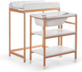 OKBABY Woody - Table ¨¤ langer en bois avec baignoire ergonomique et roulettes, matelas doux inclus - Pour b¨¦b¨¦s 0-12 mois, 11 kg max - Blanc