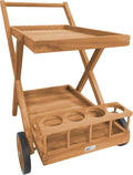 Chariot de Service en Bois Teck avec Tablettes et Porte-Bouteilles, Roulettes pour Cuisine, Jardin, Terrasse