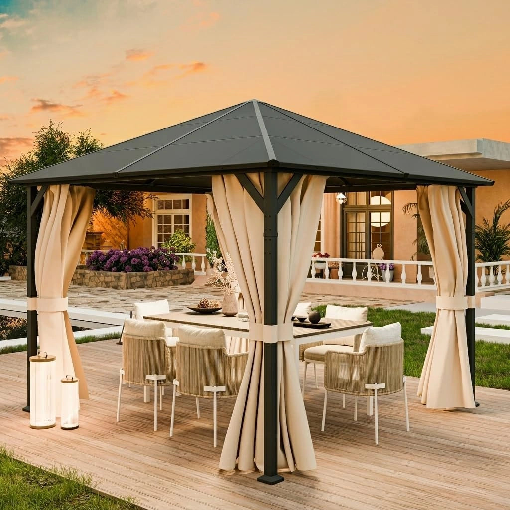 Tonnelle de Jardin 3x3m Imperm¨¦able avec Rideaux - Protection UV et Stabilit¨¦ pour Terrasse (Beige)