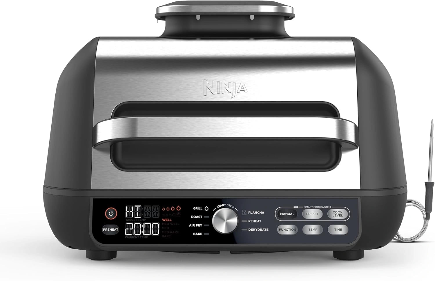 Grill et Friteuse ¨¤ Air Ninja Foodi MAX PRO 7-en-1, 3,8L, avec Sonde Num¨¦rique, Lavable Lave-Vaisselle, M¨¦tal/Noir