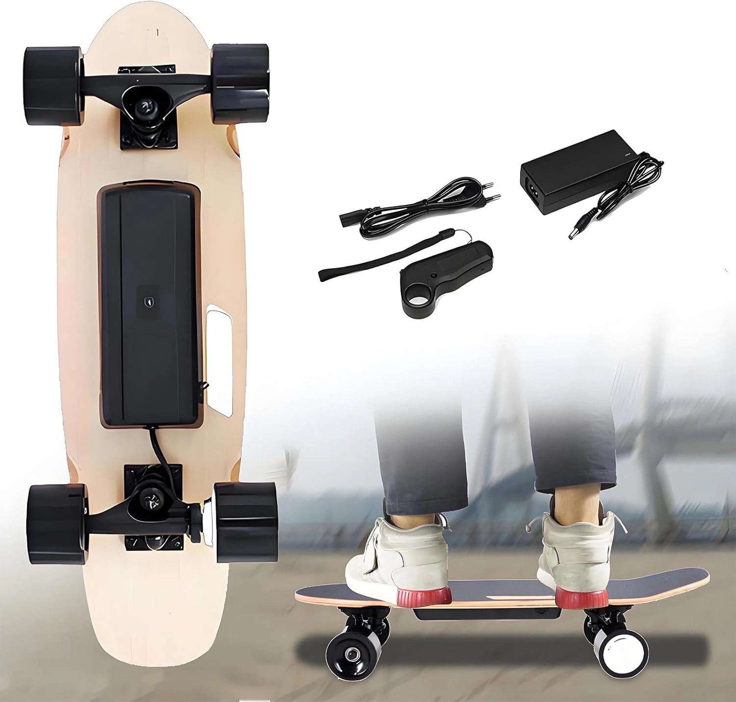 Planche ¨¤ roulettes ¨¦lectrique tout-terrain pour adultes avec t¨¦l¨¦commande, 24 km/h, autonomie 13 km, design robuste pour adolescents et adultes
