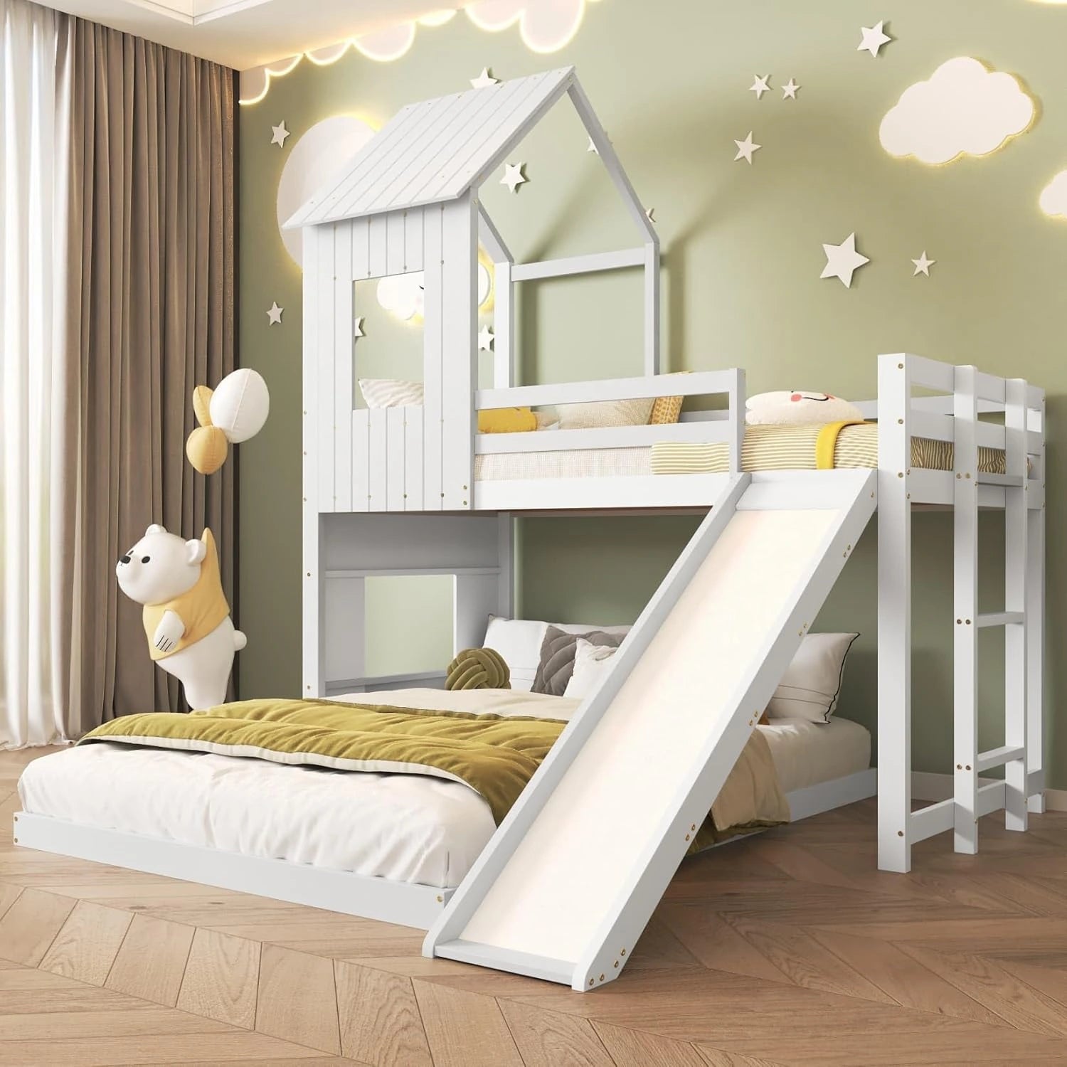 Lit Enfant Triple avec Toboggan et Barri¨¨res, Lit Cabane 90x200 & 140x200 avec Sommier, Blanc