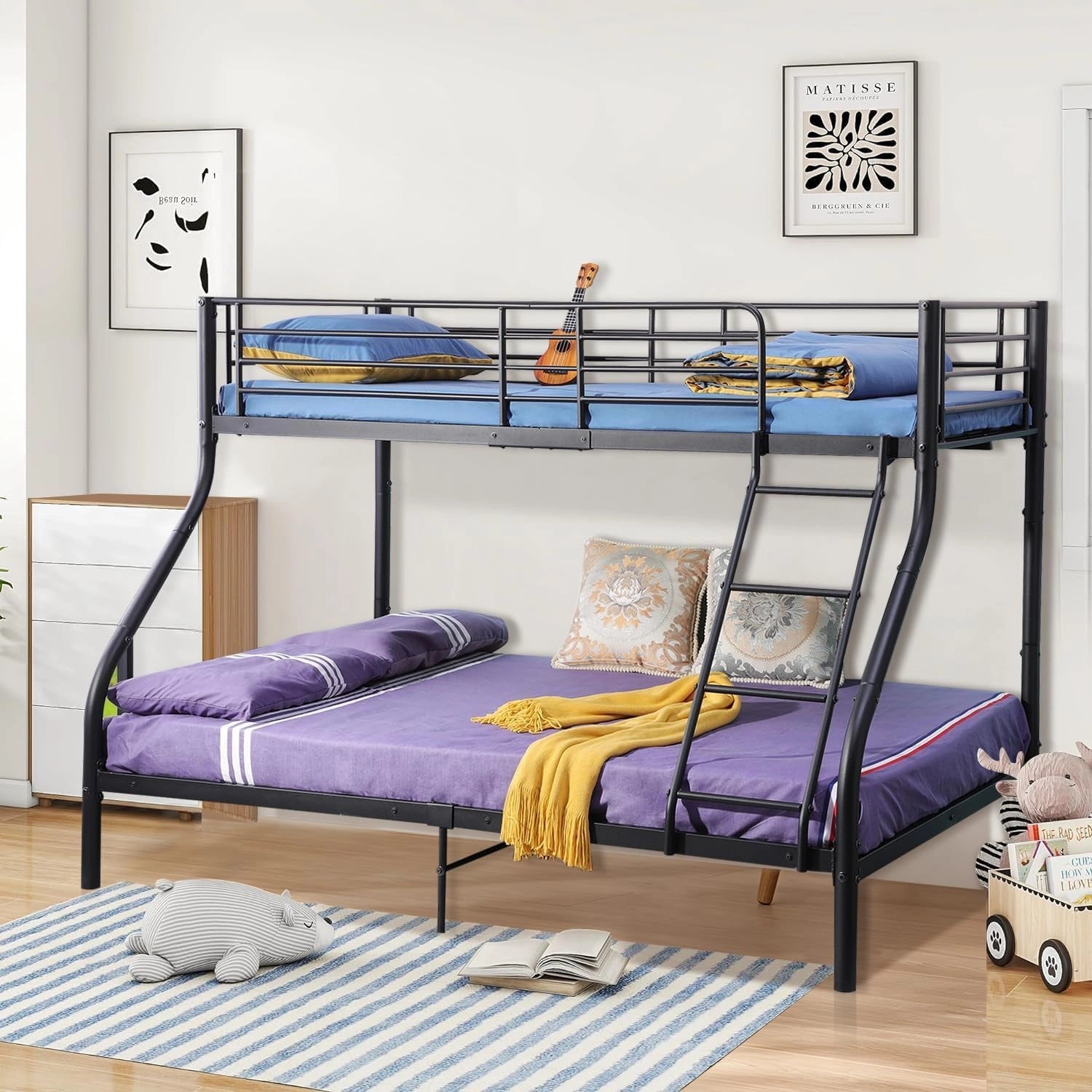 Lit superpos¨¦ triple en m¨¦tal Anthracite avec matelas, ¨¦chelle et barri¨¨res de s¨¦curit¨¦ inclus, id¨¦al pour enfants et adultes