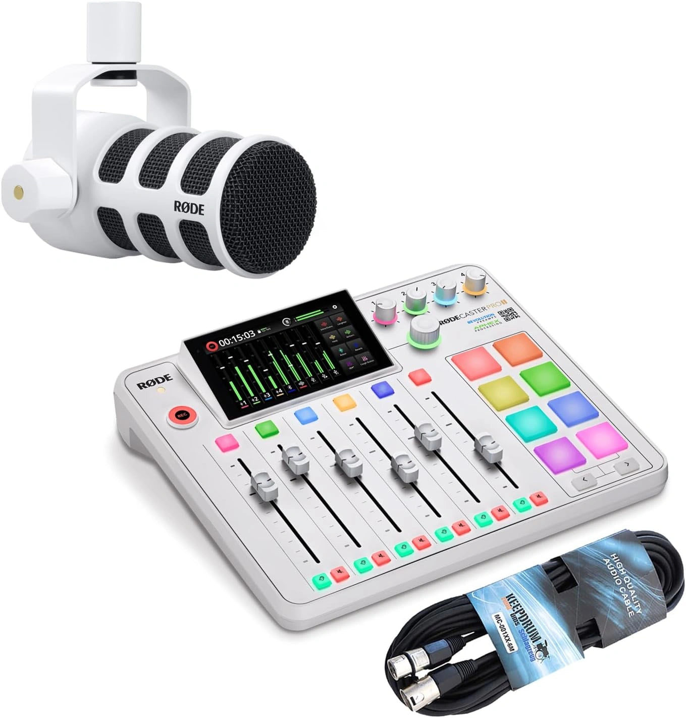 Studio de Production Audio Rodecaster Pro II avec Micro Rode Podmic Blanc et Cable XLR