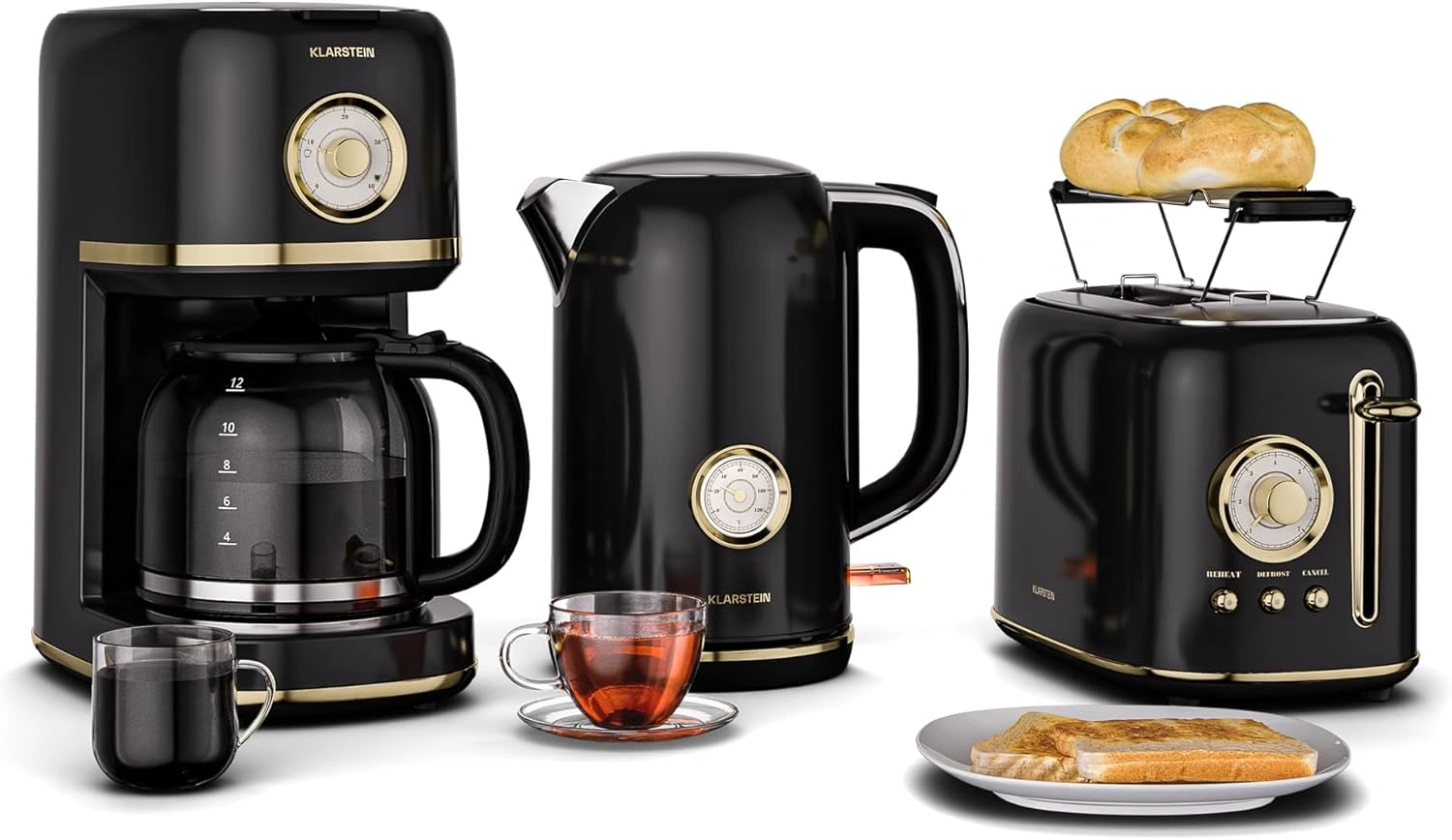 Ensemble Petit-D¨¦jeuner R¨¦tro KLARSTEIN Victoria ¨C Grille-Pain 2 Fentes, Bouilloire 1,7L, Cafeti¨¨re 12 Tasses, Noir