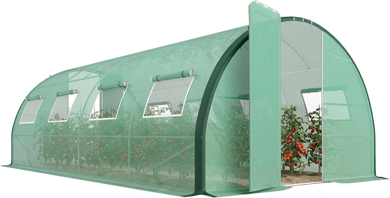 Serre Tunnel de Jardin Outsunny 18m2 avec Bache en PE Haute Densit¨¦, 8 Fen¨ºtres Moustiquaires, pour Cultures de L¨¦gumes