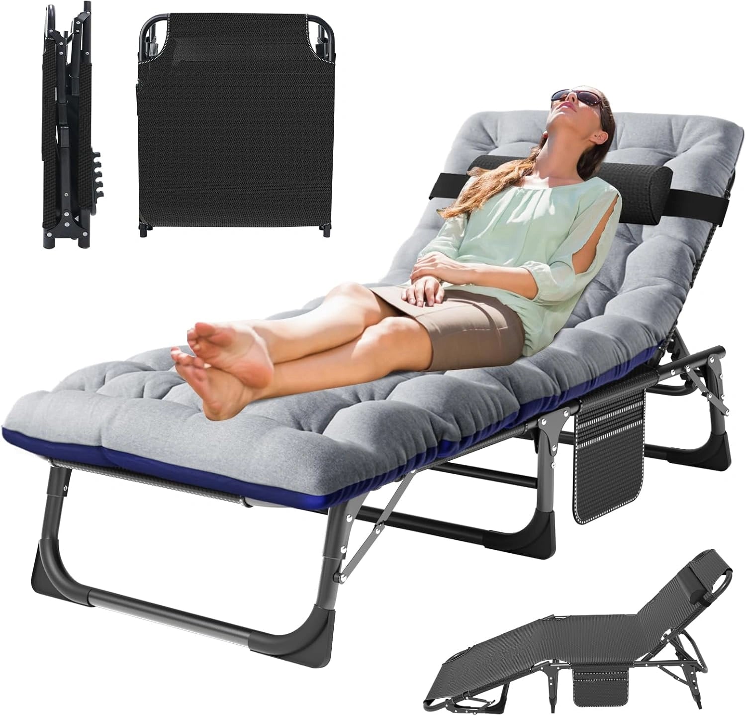 Chaise Longue de Jardin Pliante 5 Positions MOPHOTO, Portable et Confortable, Id¨¦ale pour Piscine et Plage, avec Coussin Noir et Gris