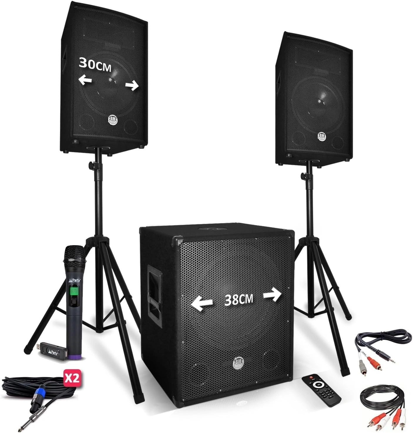 Ensemble Audio 2200 W Reconditionn¨¦ - Haut-parleurs 12 pouces + Caisson 15 pouces avec Supports et Micro UHF - USB/BT et Cables Inclus