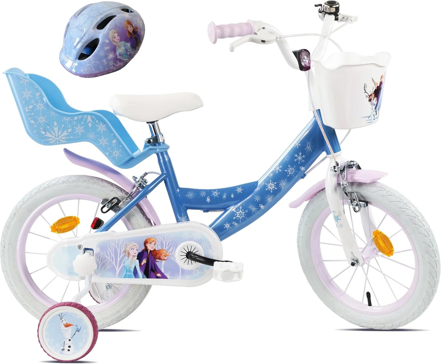 V¨¦lo Enfant 14 Pouces Fille avec Casque Frozen, Freins Caliper, Panier et Roue Stabilisatrice