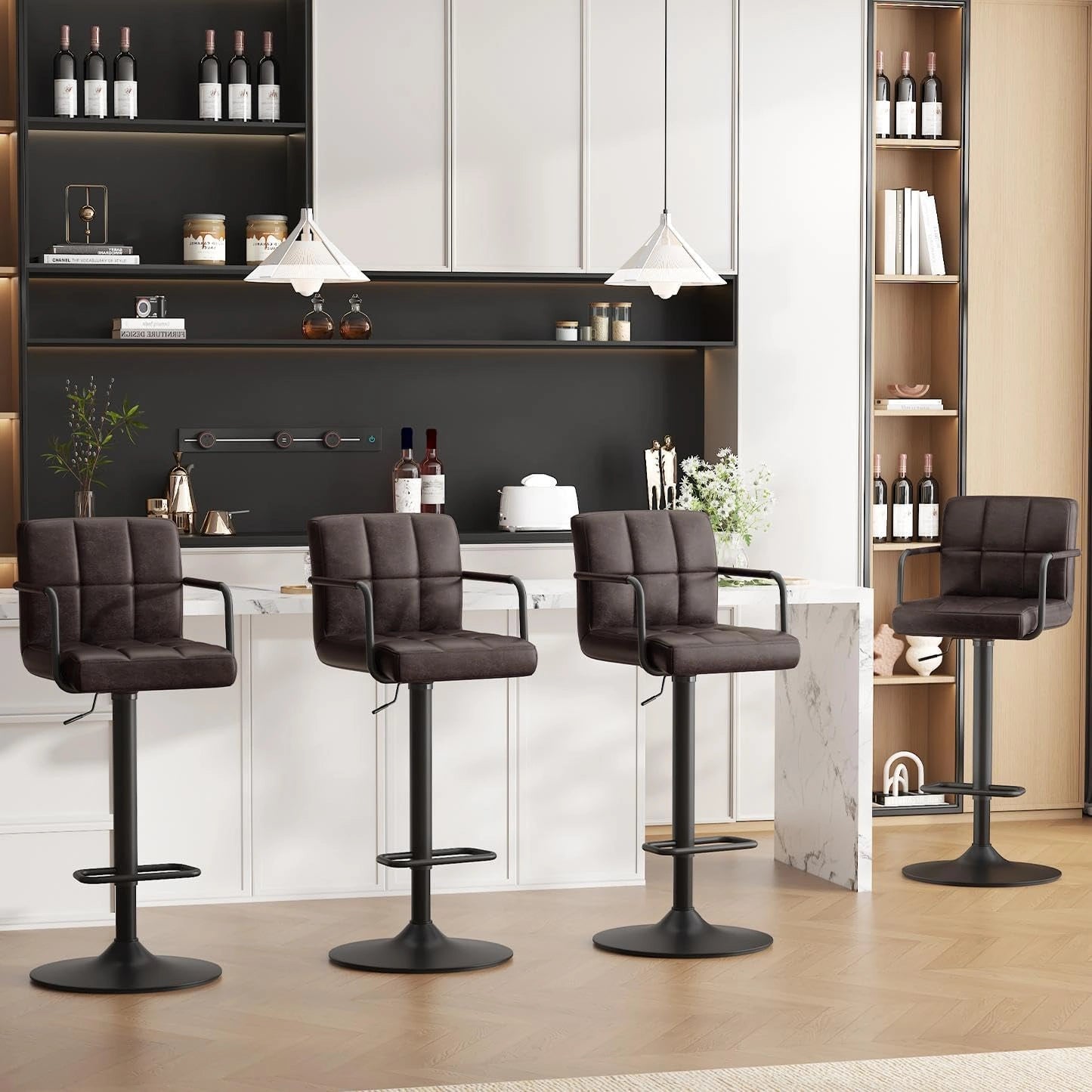 Ensemble de 4 Tabourets de Bar Pivotants 360¡ã, R¨¦glables en Hauteur avec Similicuir et Repose-Pieds - Couleurs Marron et Noir