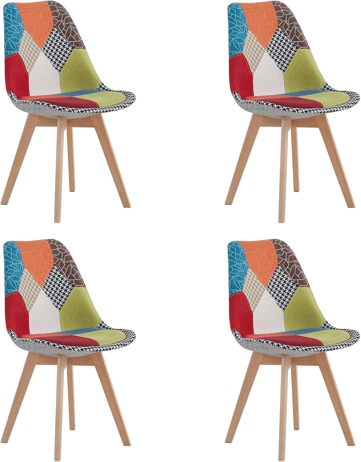 Ensemble de 4 Chaises de Salle ¨¤ Manger Patchwork Modernes, Assise Confortable en Tissu, Pieds en Bois, Parfait pour Salon et Chambre (Rouge)