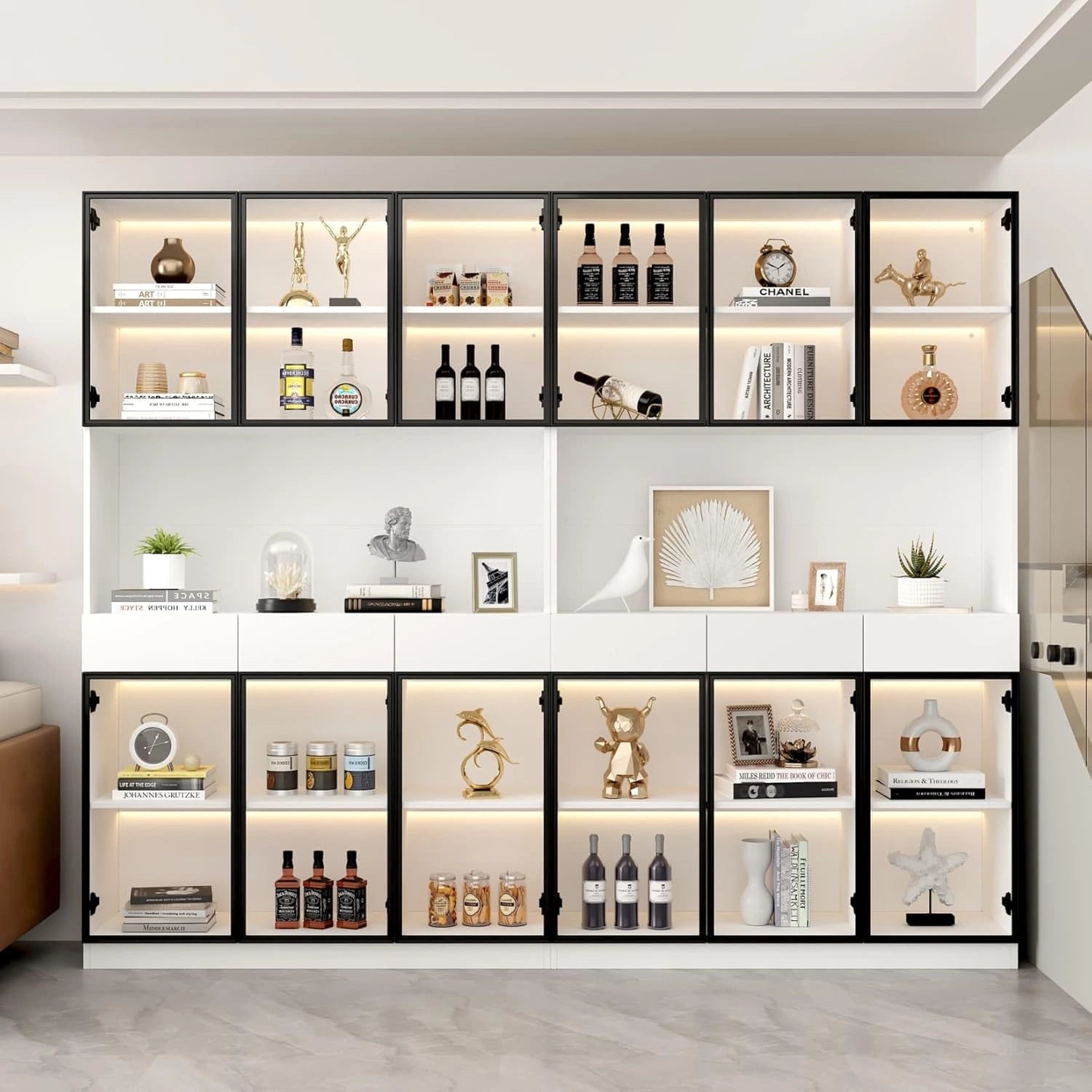Armoire de Salon en Verre avec ¨¦clairage LED, 240x36x200cm, 6 Tiroirs et 12 Portes, Blanc