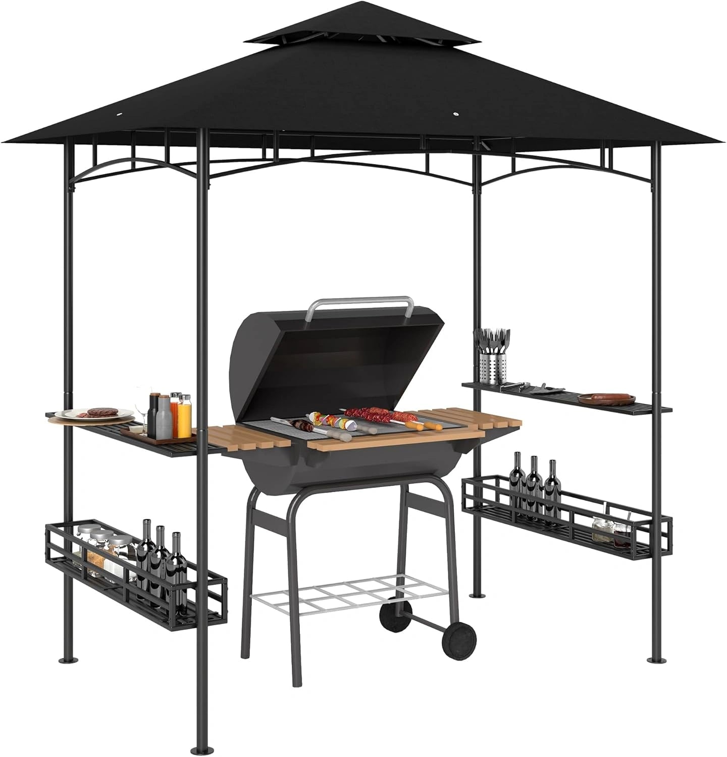 Abri Barbecue Outsunny, Tonnelle de Jardin avec ¨¦tag¨¨res et Crochets, Structure M¨¦tal Gris