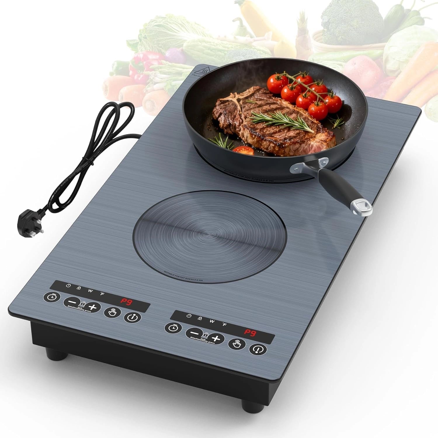 Double plaque ¨¤ induction VBGK 3000W, 9 niveaux, touches LED, s¨¦curit¨¦ enfants