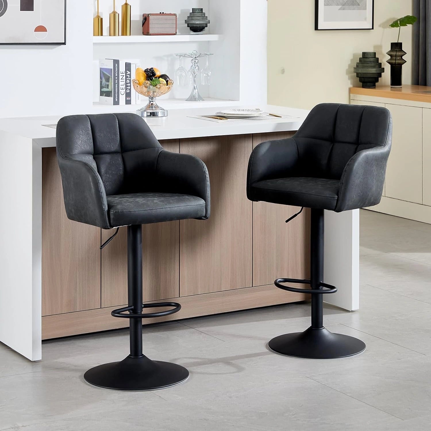 Ensemble de 2 Tabourets de Bar R¨¦glables en Cuir PU avec Accoudoirs, Noir