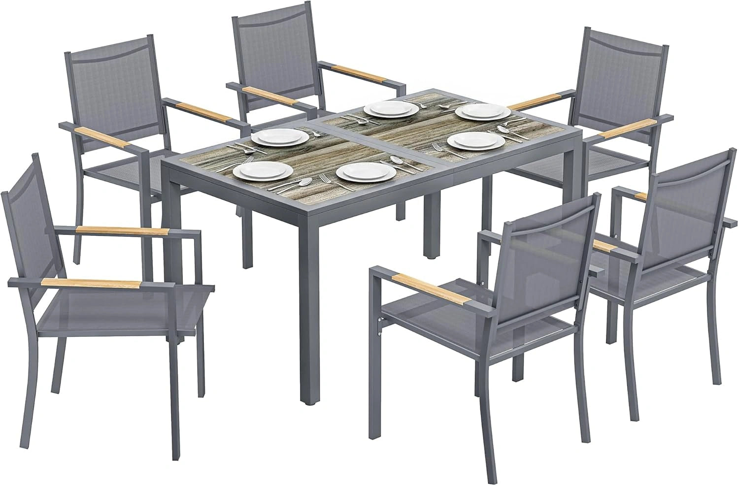 Ensemble de Jardin Outsunny 7 Pi¨¨ces - Table avec Plateau en Imitation Bois et 6 Chaises Empilables en Textil¨¨ne - Mobilier de Terrasse Durable, Gris Anthracite