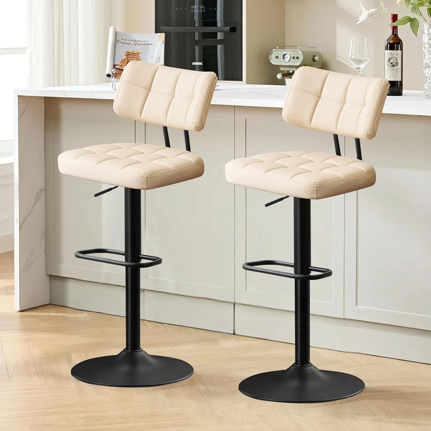Paire de Tabourets de Bar R¨¦glables en Hauteur avec Dossier et Repose-Pieds en PU Beige