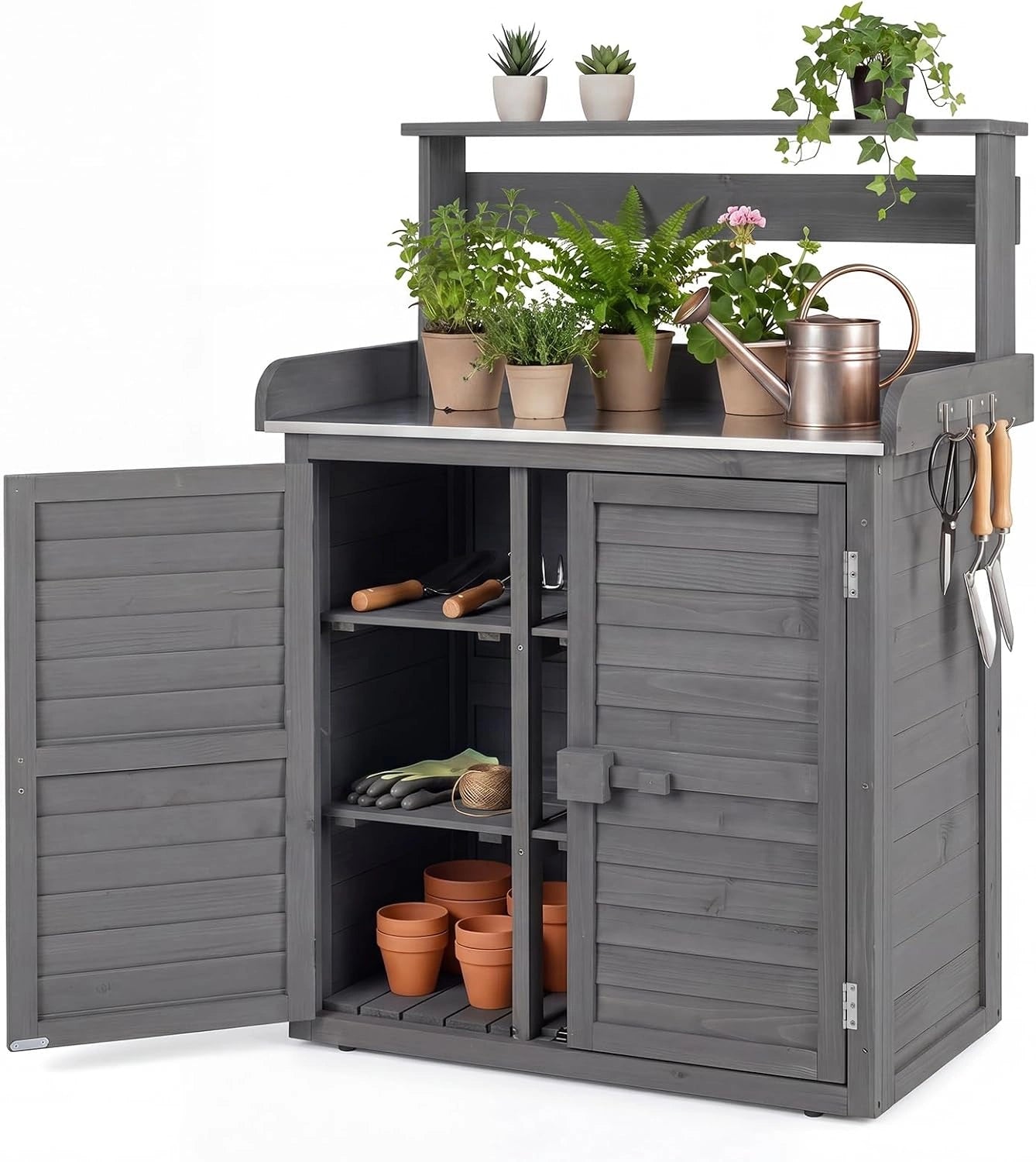COSTWAY Meuble de Jardin en Bois avec Table de Rempotage, ¨¦tag¨¨res Amovibles et Crochets, Plateau en Acier Inoxydable, Portes Louver, Pieds R¨¦glables pour Terrasse (Gris)