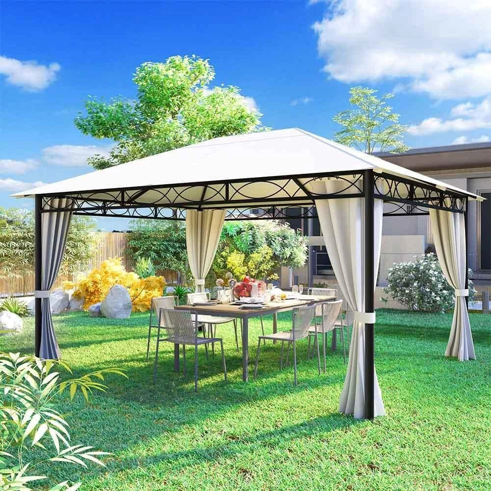 Tonnelle de Jardin 3x4 m Beige avec Rideaux et Structure en M¨¦tal, Id¨¦ale pour l'Ext¨¦rieur
