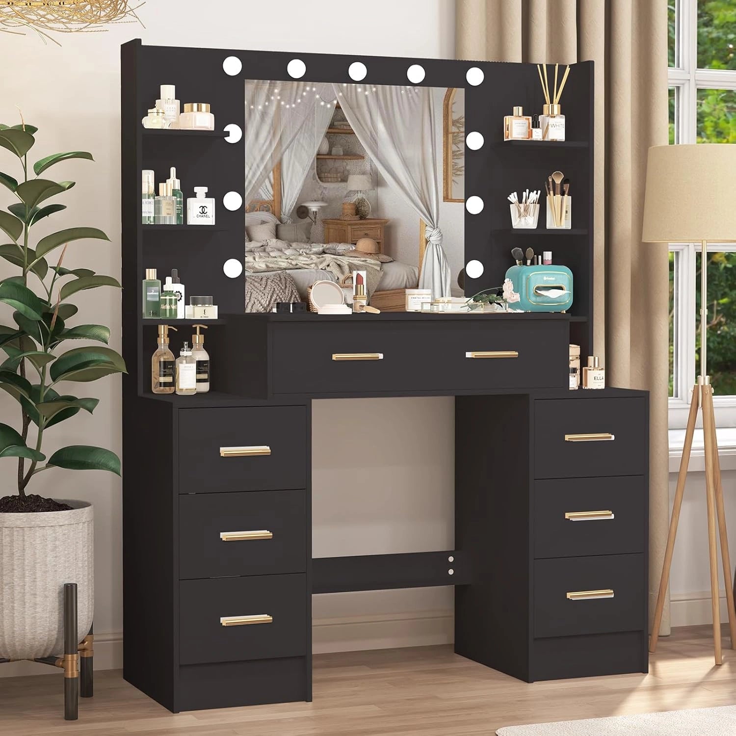 Table de maquillage noire avec miroir ¨¦clair¨¦, 7 tiroirs et 8 ¨¦tag¨¨res pour chambre, 110 x 40 x 140 cm