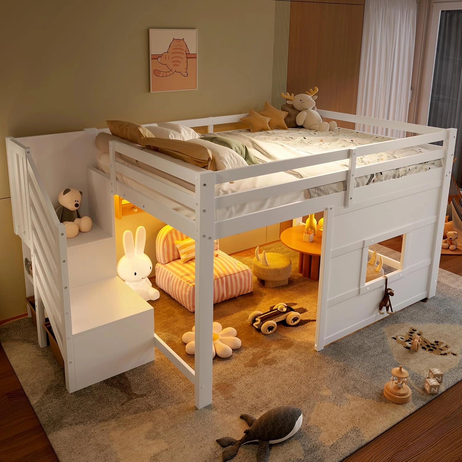 Lit mezzanine enfant 140x200 cm avec escalier rangement et fen¨ºtre, sommier bois, barri¨¨re anti-chute, blanc