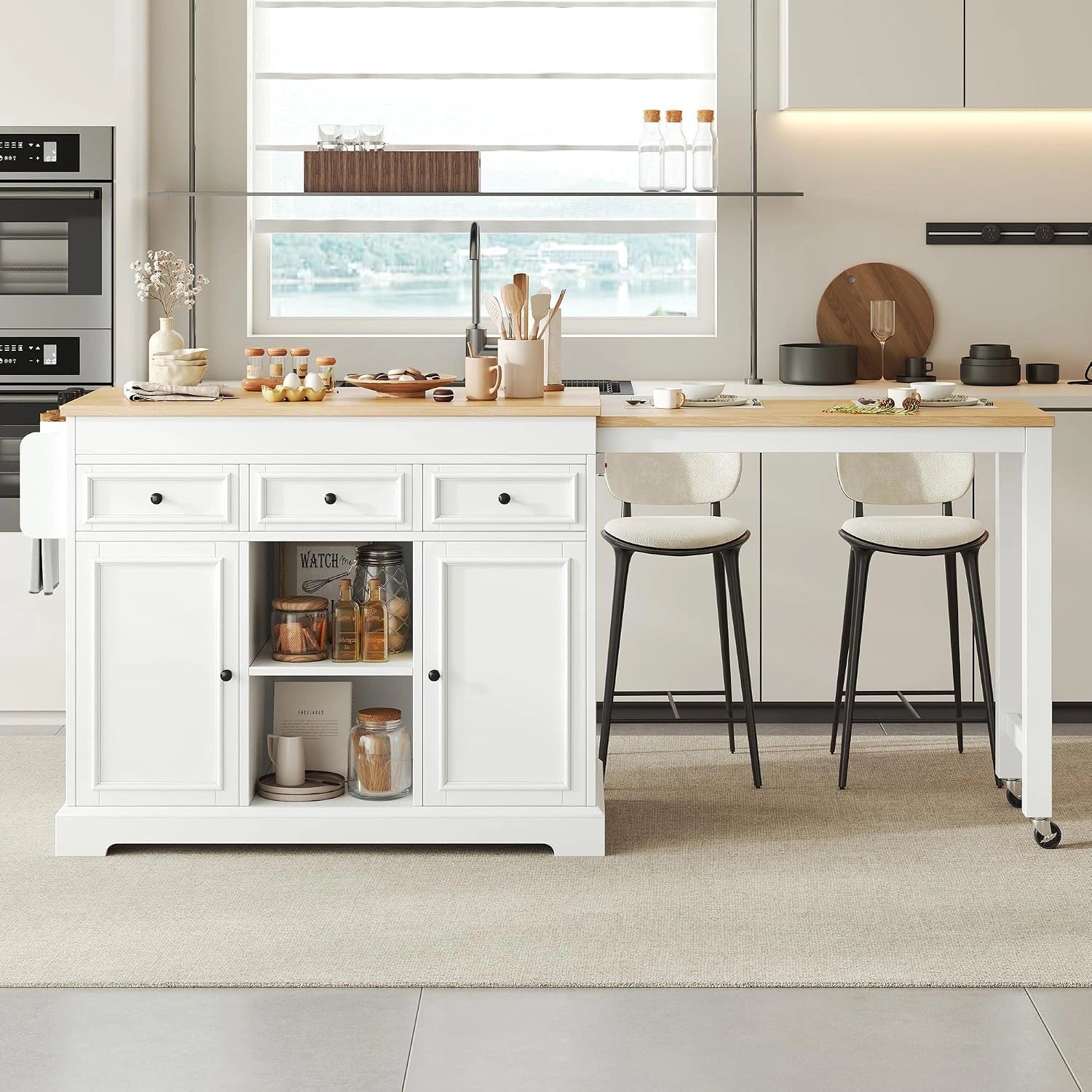 ?lot de Cuisine Mobile avec Plan de Travail Extensible et Rangement, Blanc