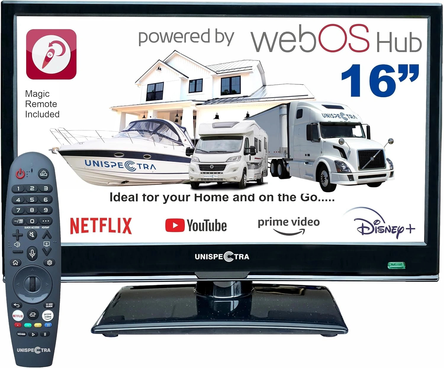 T¨¦l¨¦viseur Intelligent 16 Unispectra avec webOS, Full HD 12V/230V, Tuner TNT et Satellite, HDMI, USB, T¨¦l¨¦commande Magique pour Camping-Cars et Bateaux