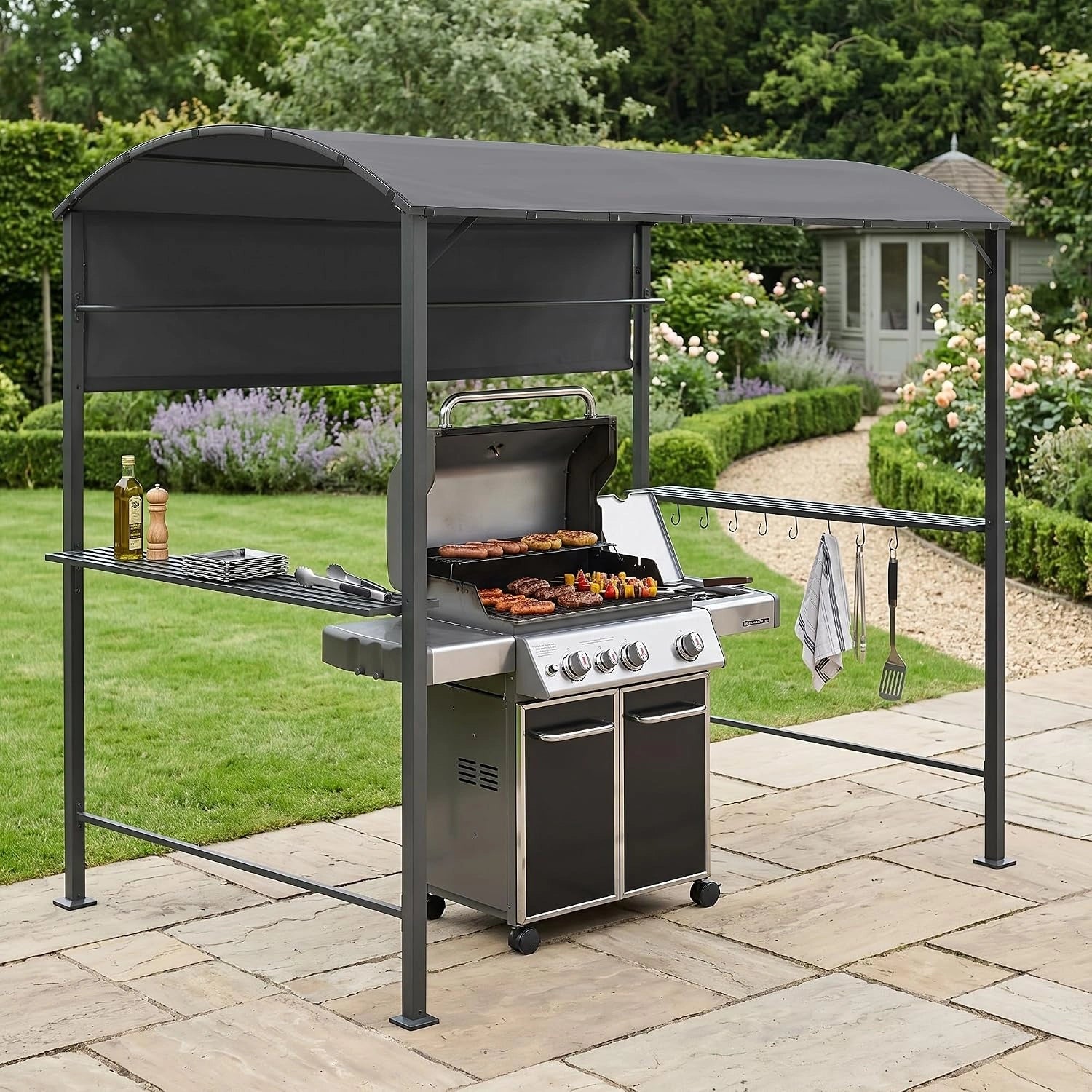 Pergola de Jardin pour Barbecue avec Comptoir et Crochets, Structure Robuste en Acier et Toile Polyester, 215 x 220 x 140 cm, Gris Anthracite