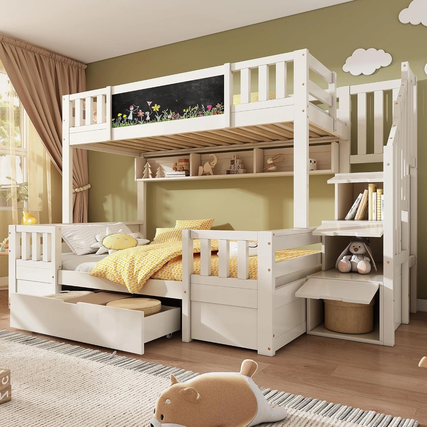 Lit superpos¨¦ enfant en bois massif avec tableau noir, rangement, ¨¦chelle, et tiroirs 90x200/140x200