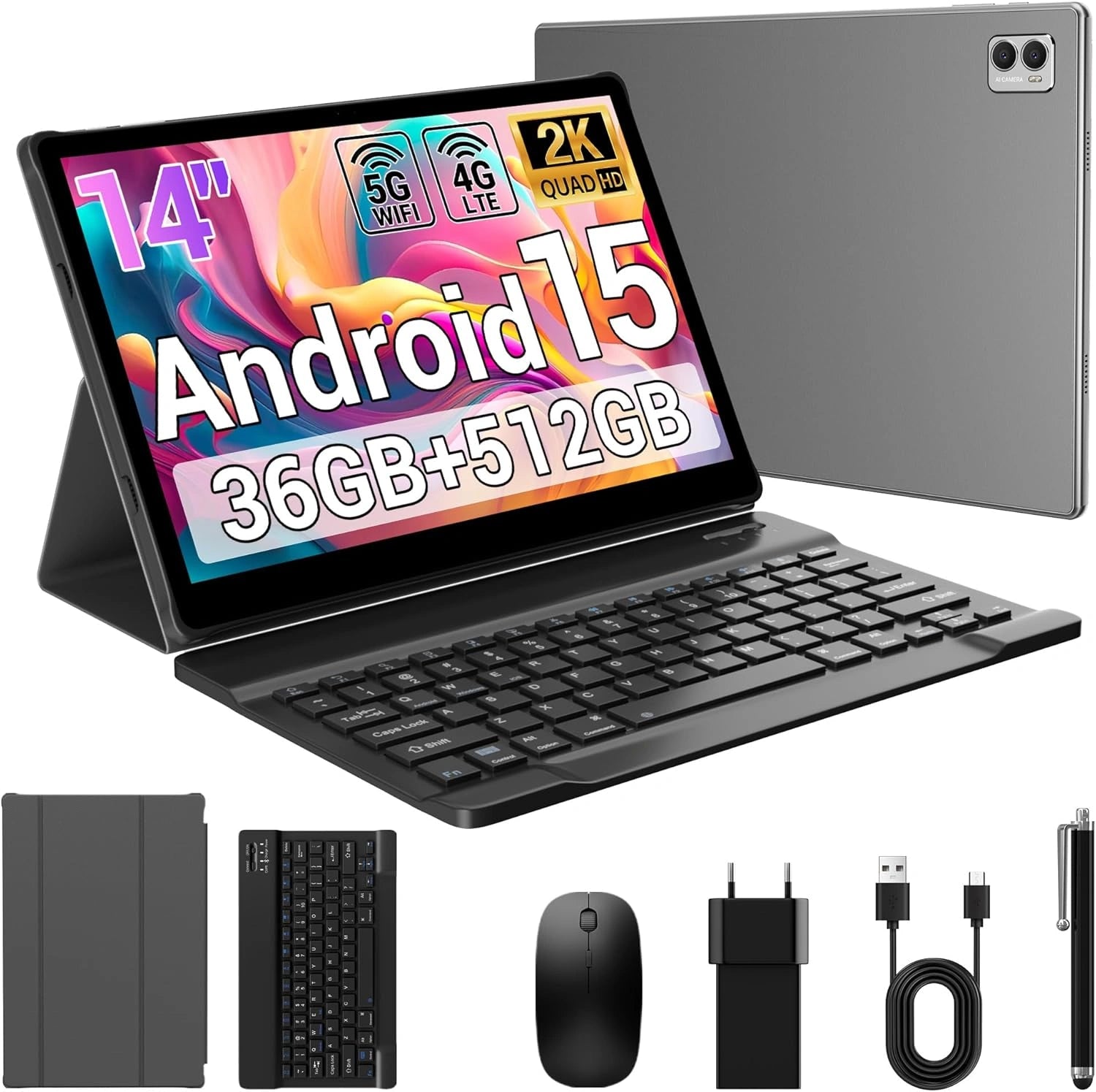 Tablette Android 14 4G LTE/5G WiFi, 11580mAh, 36GB+512GB, Octa-Core, 13MP+8MP, Clavier Inclus, Gris