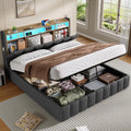 Lit Queen Size 160x200 cm avec LED et Rangement Int¨¦gr¨¦, T¨ºte de Lit Capitonn¨¦e avec ¨¦tag¨¨res Ouvertes, Sommier en Bois et Rev¨ºtement Lin Gris
