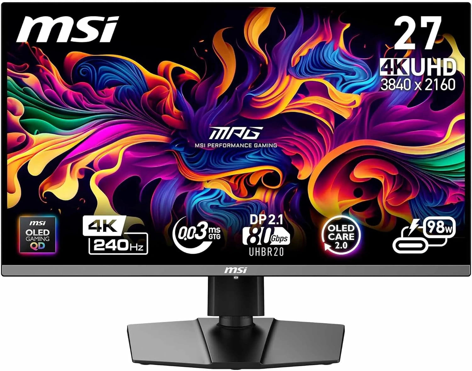 ¨¦cran Gaming MSI 27" 4K UHD QD-OLED - 240Hz, 0.03ms, 99% DCI-P3, HDR True Black 400, G-Sync, HDMI 2.1, DP 2.1a, USB-C 98W
