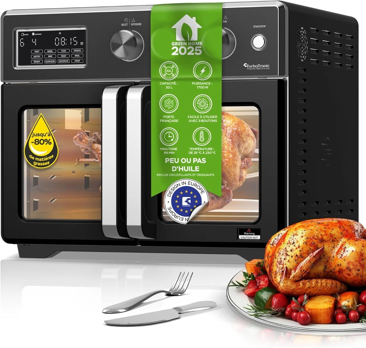Mini Four TurboTronic 32L, Friteuse ¨¤ Air Chaud 4-en-1 avec Accessoires Complets