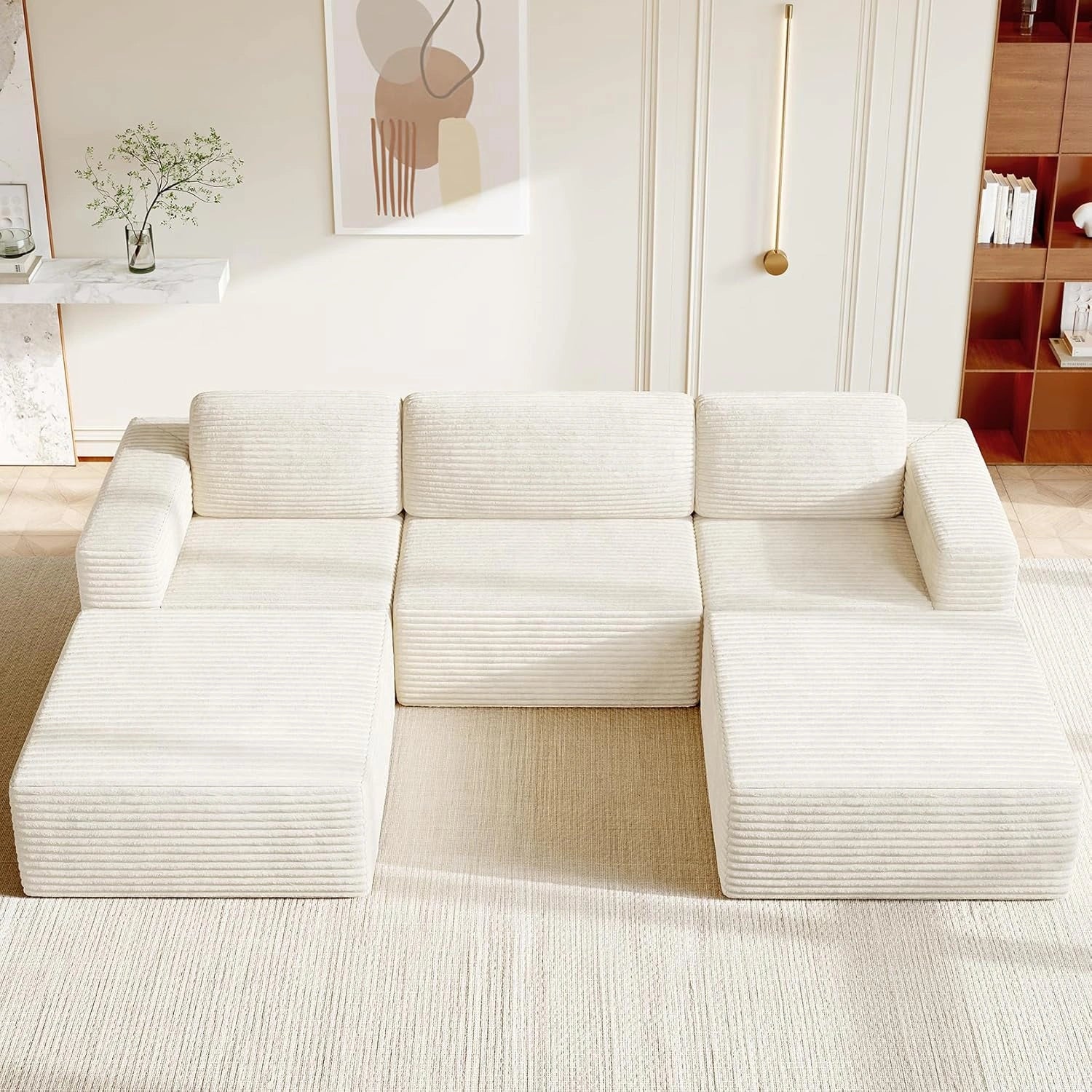 Canap¨¦ d'angle modulable en U 303 cm convertible 3 places en velours c?tel¨¦
