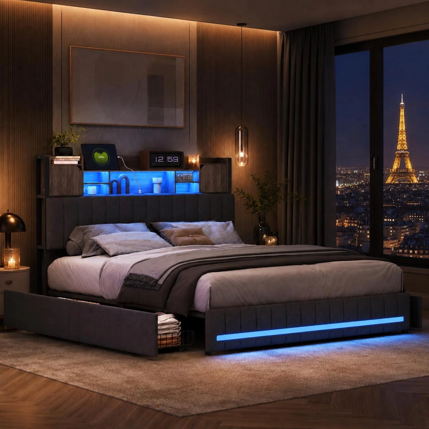Lit Double 140x190 avec Sommier LED, USB et Rangement, Gris Lin