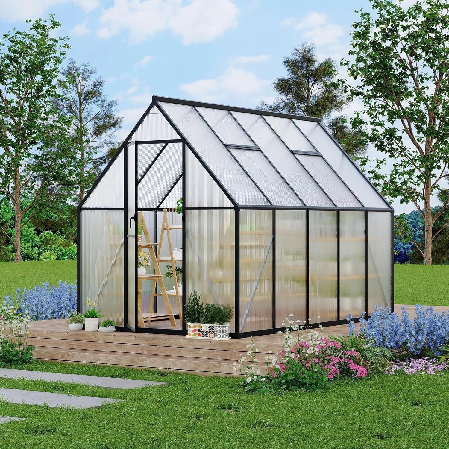 Serre de Jardin en Aluminium Noir 6x9 Pieds, Panneaux Polycarbonate, Porte S¨¦curis¨¦e