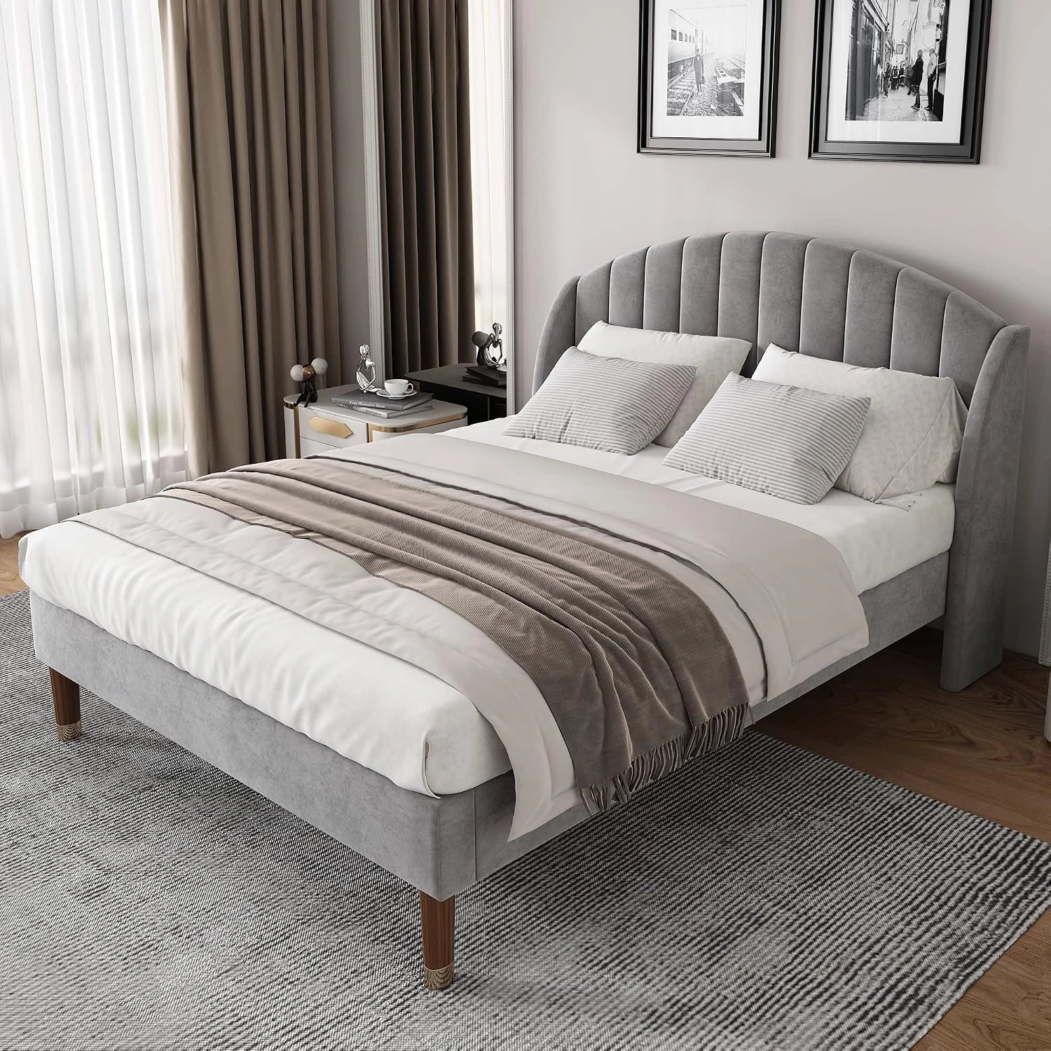 Lit Design Jeunes Adultes en Velours Gris 140x200 cm avec T¨ºte de Lit et Sommier ¨¤ Lattes